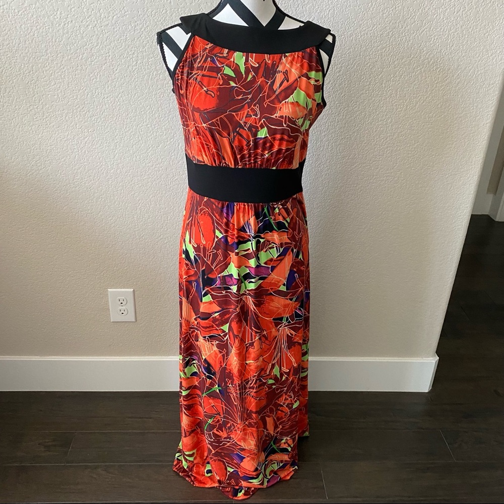 Susan Lawrence || orange floral print maxi dress